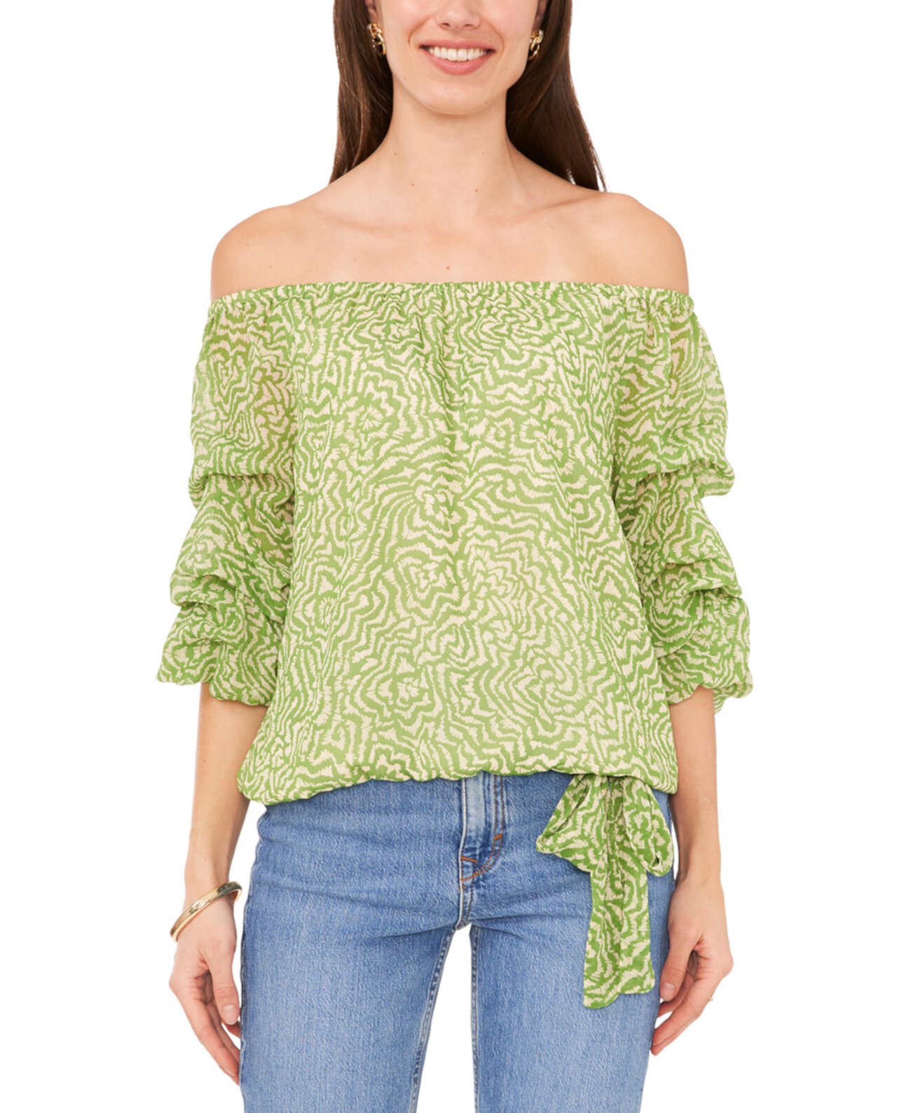 Women's Printed Off-The-Shoulder Bubble-Sleeve Top Vince Camuto