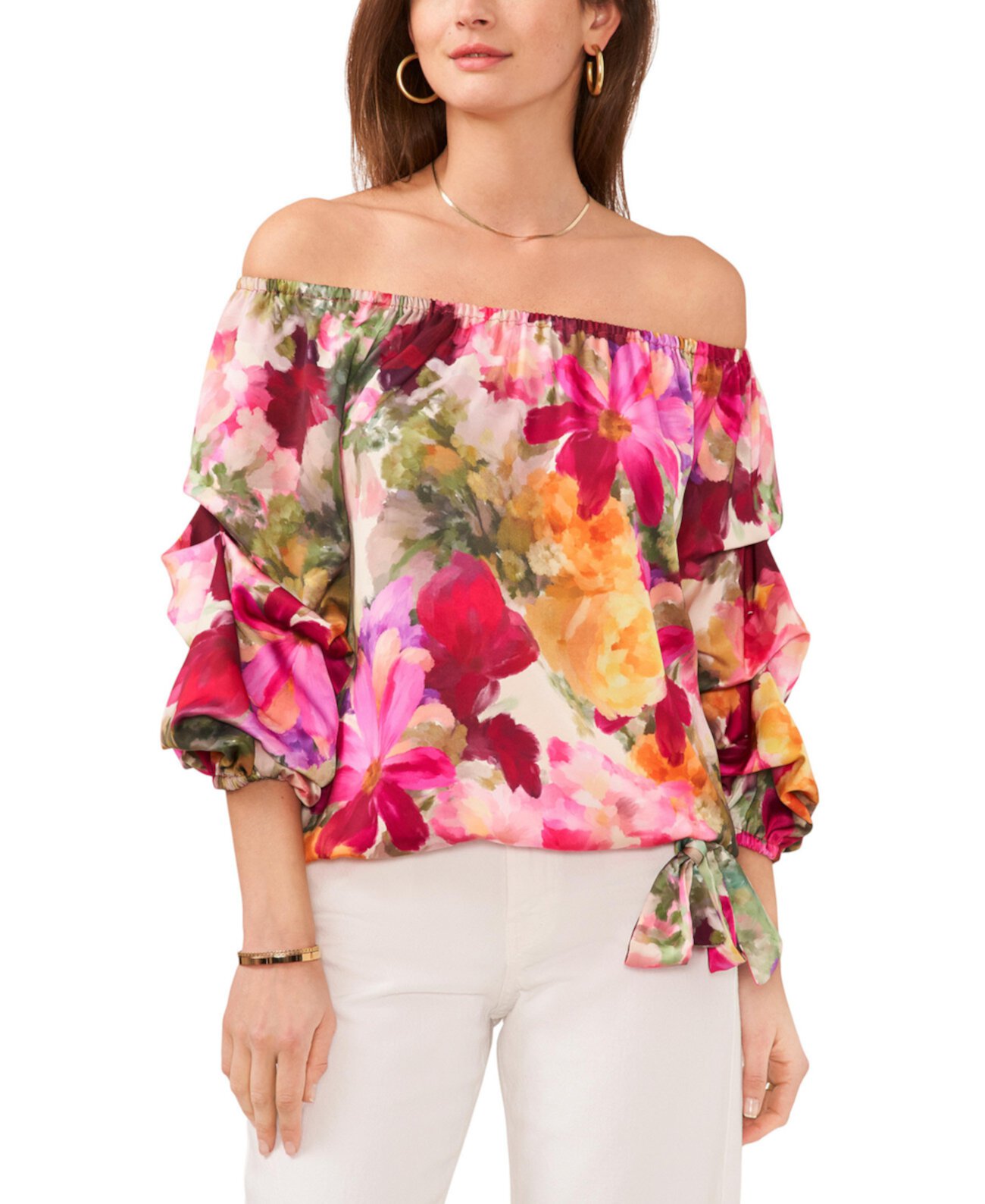 Women's Floral-Print Off-The-Shoulder Bubble-Sleeve Top Vince Camuto