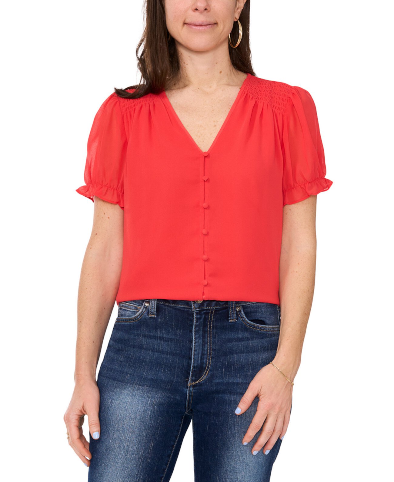 Petite Smocked-Shoulder Button-Down Blouse Sam & Jess