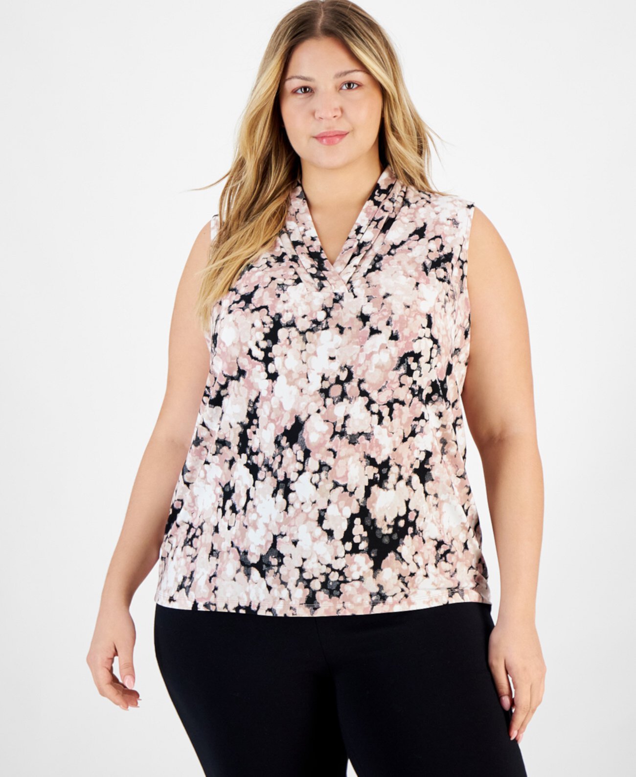 Plus Size Printed Triple-Pleat V-Neck Top Anne Klein