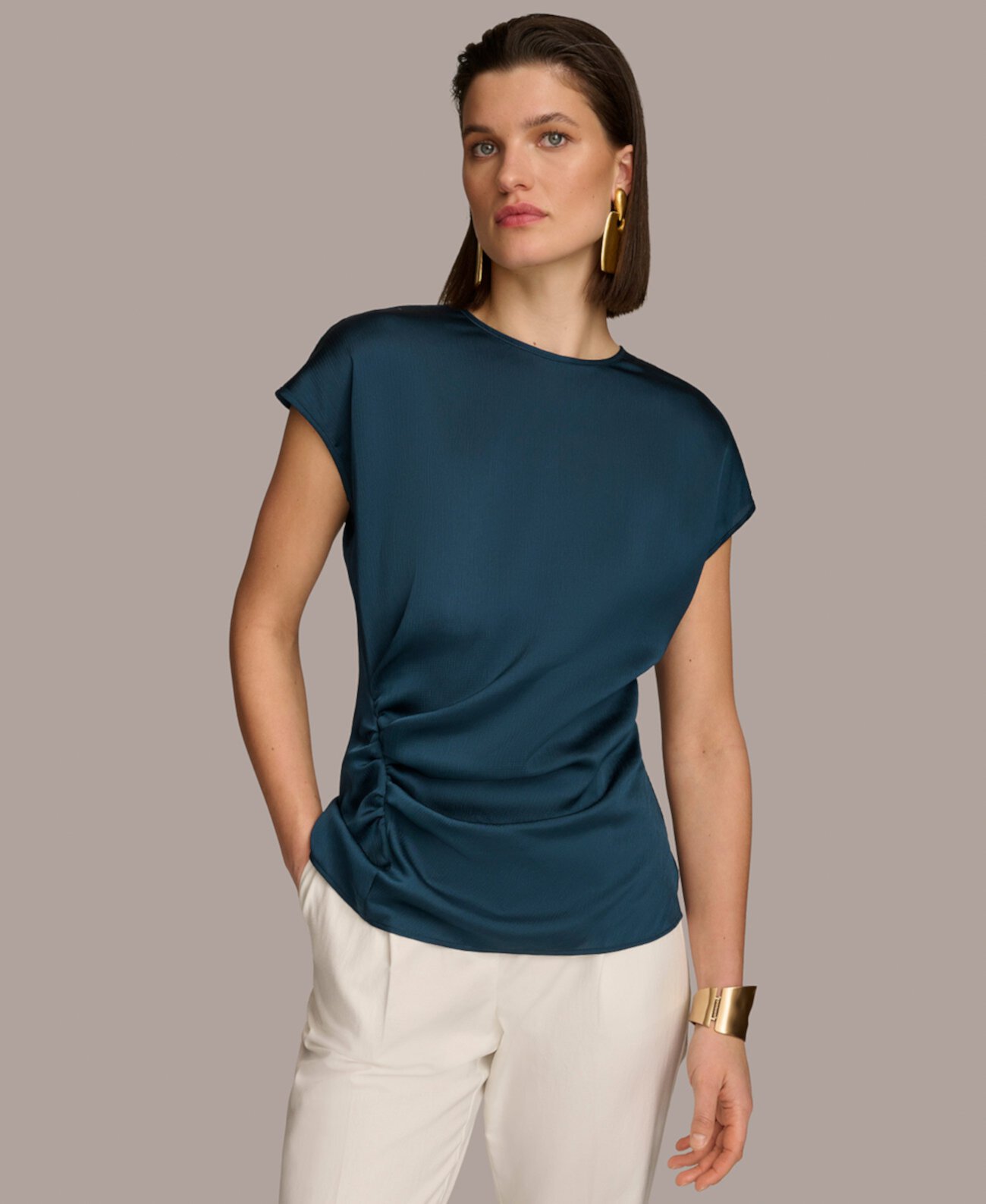 Women's Short Sleeve Side-Ruched Top Donna Karan New York