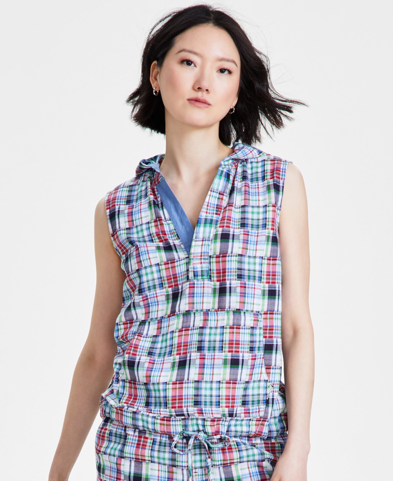 Women's Patchwork Plaid Cotton Sleeveless Hooded Top Nautica Jeans