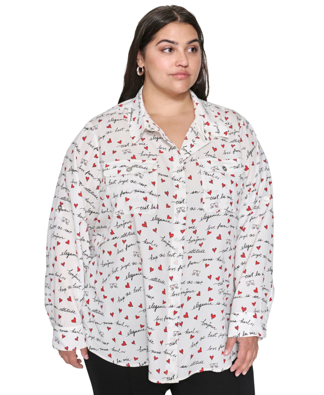Plus Size Whimsical Graphic Button-Front Blouse, Created for Macy's Karl Lagerfeld Paris