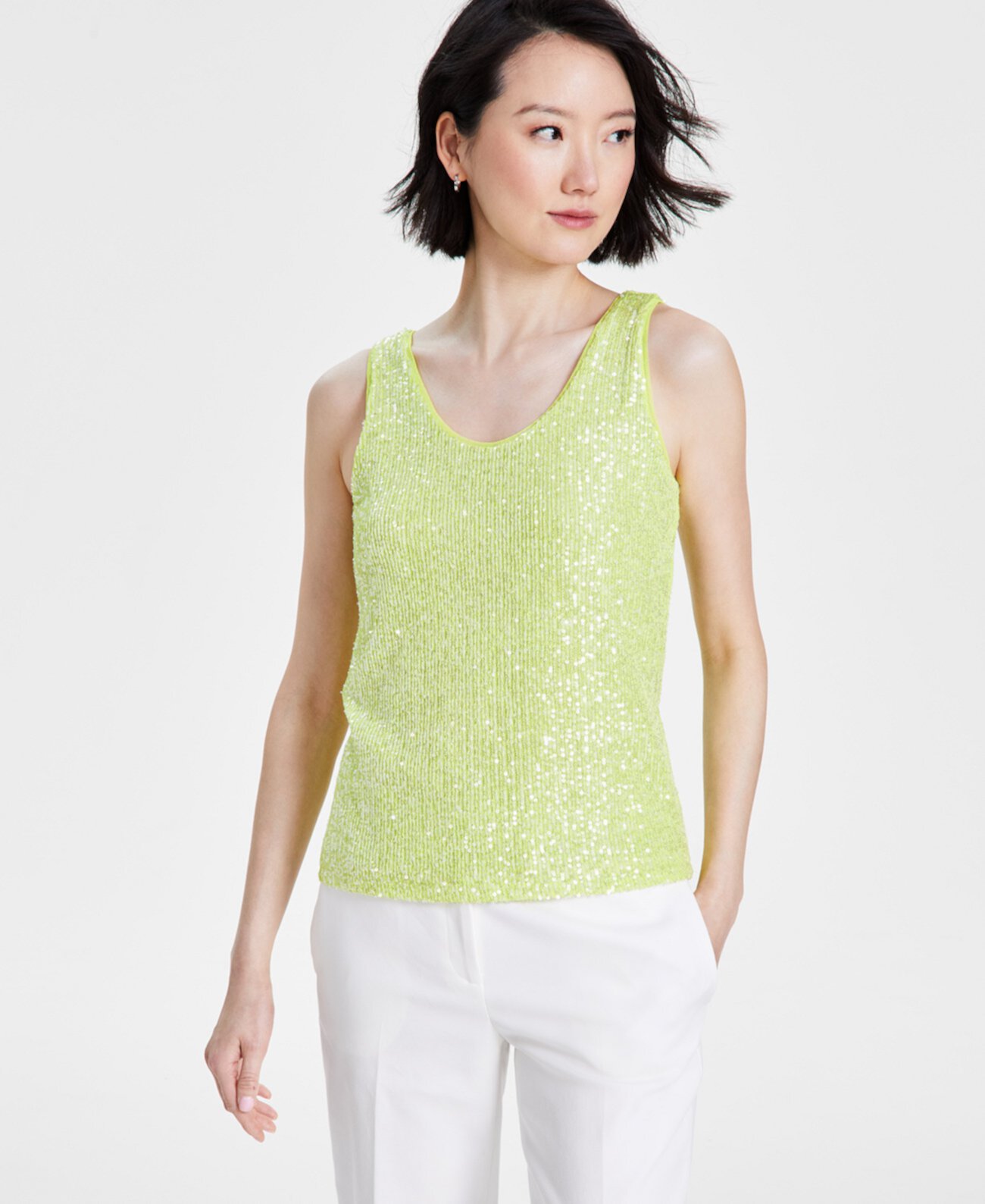 Petite Sequined-Mesh Sleeveless Top Anne Klein