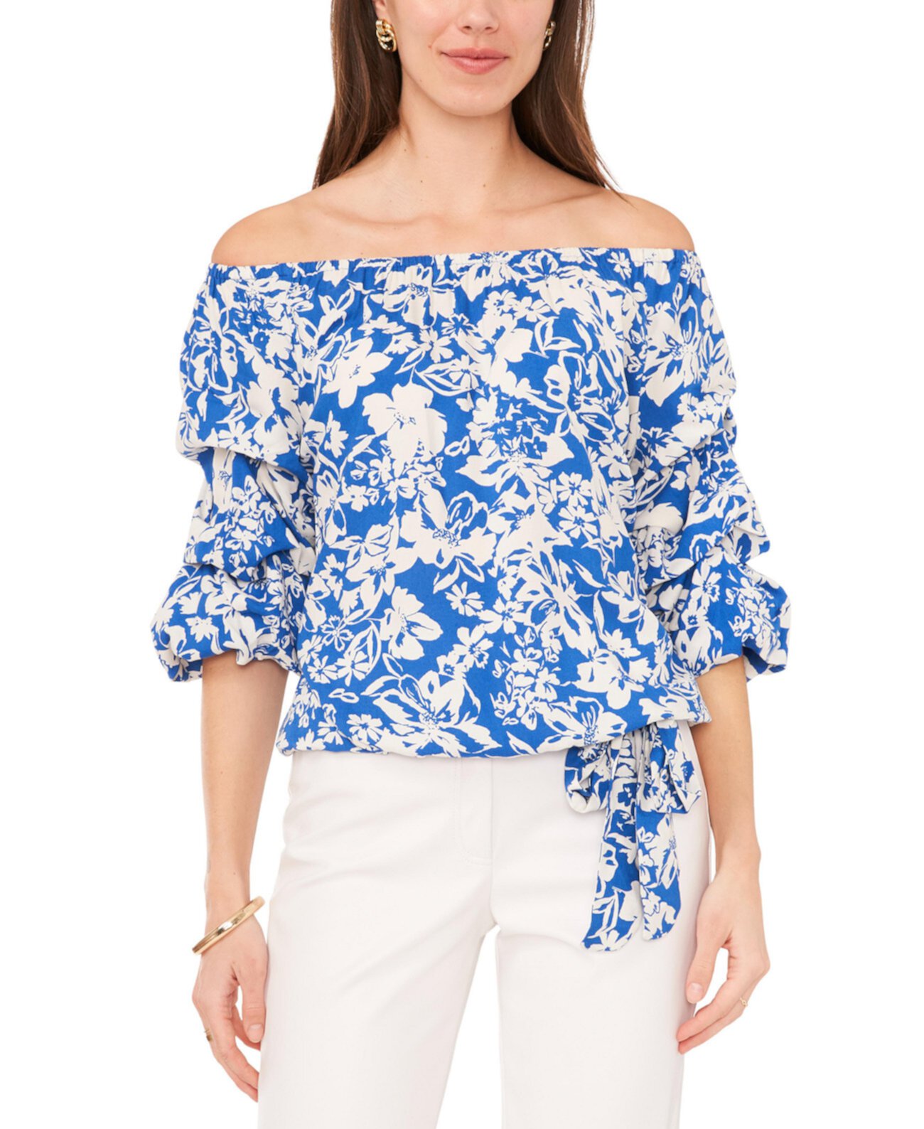 Women's Floral Off The Shoulder Bubble Sleeve Tie Front Blouse Vince Camuto