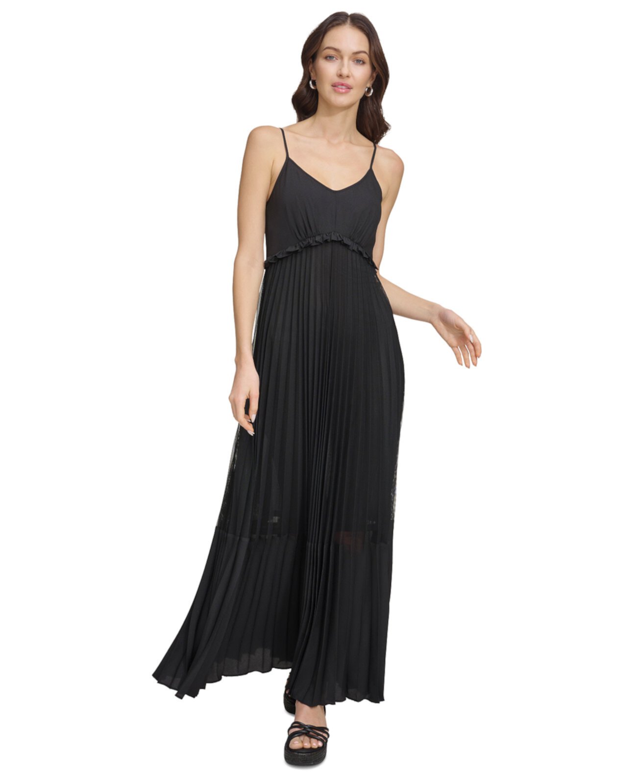 Women's Solid Tiered Pleated Sleeveless Mesh Maxi Dress DKNY