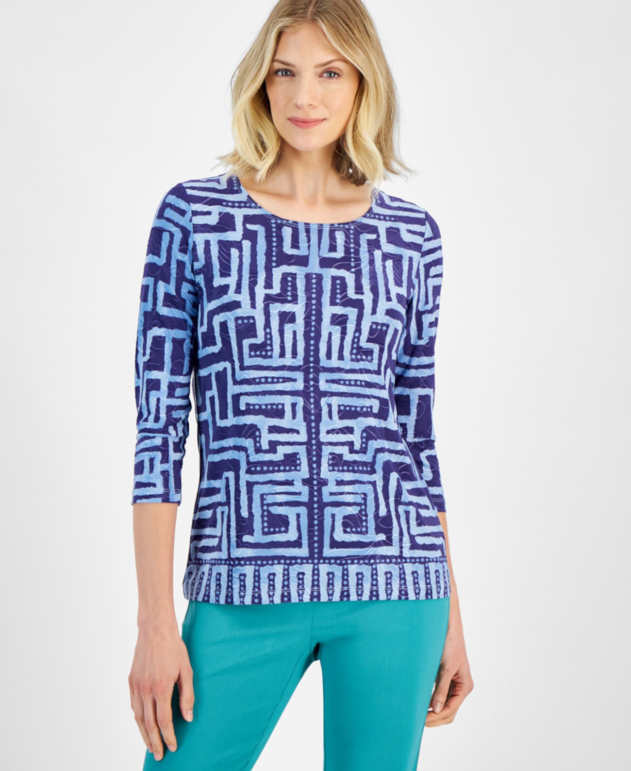 Petite Leah Labyrinth Print 3/4-Sleeve Top, Created for Macy's J&M Collection