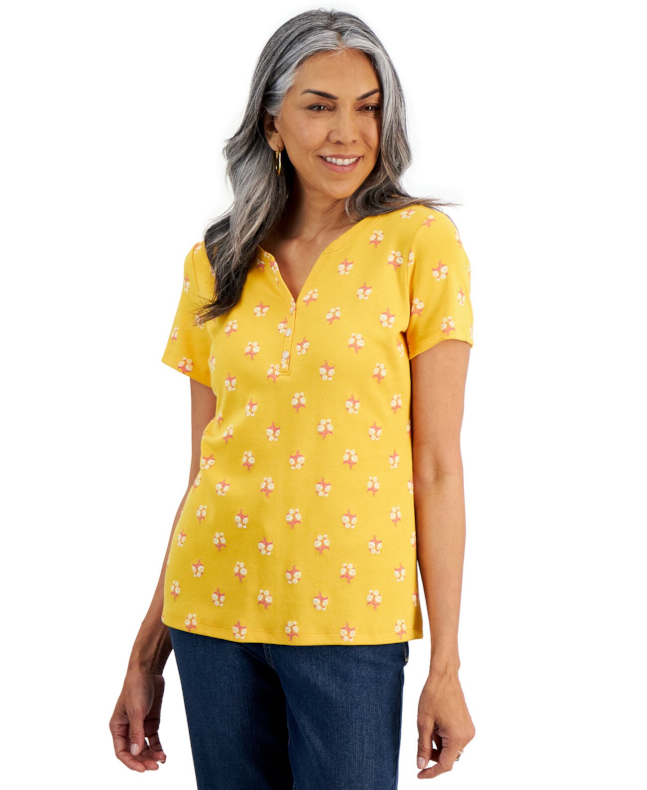 Women's Printed Short-Sleeve Henley Top, Created for Macy's Style & Co