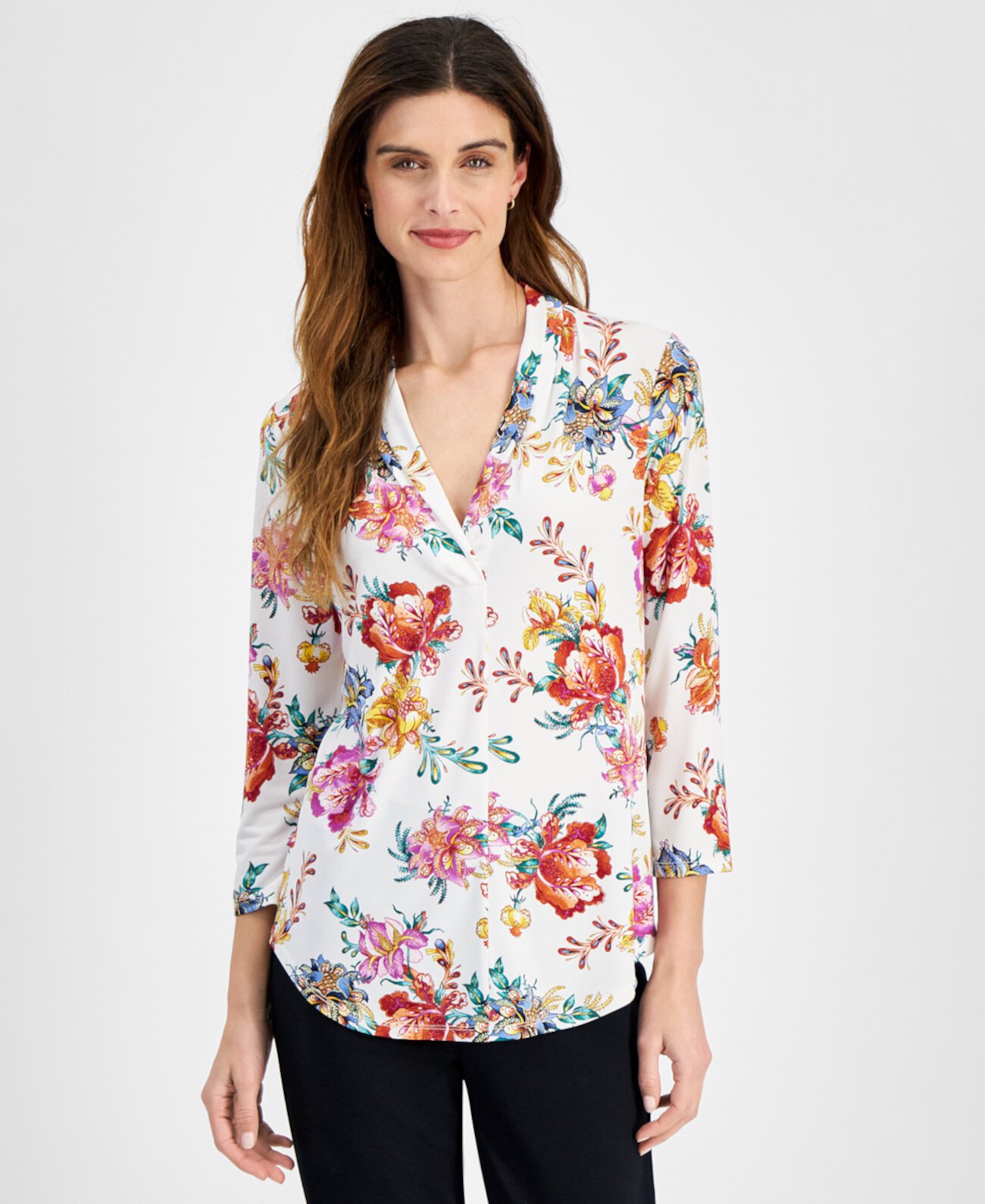 Women's Printed V-Neck Top, Created for Macy's J&M Collection