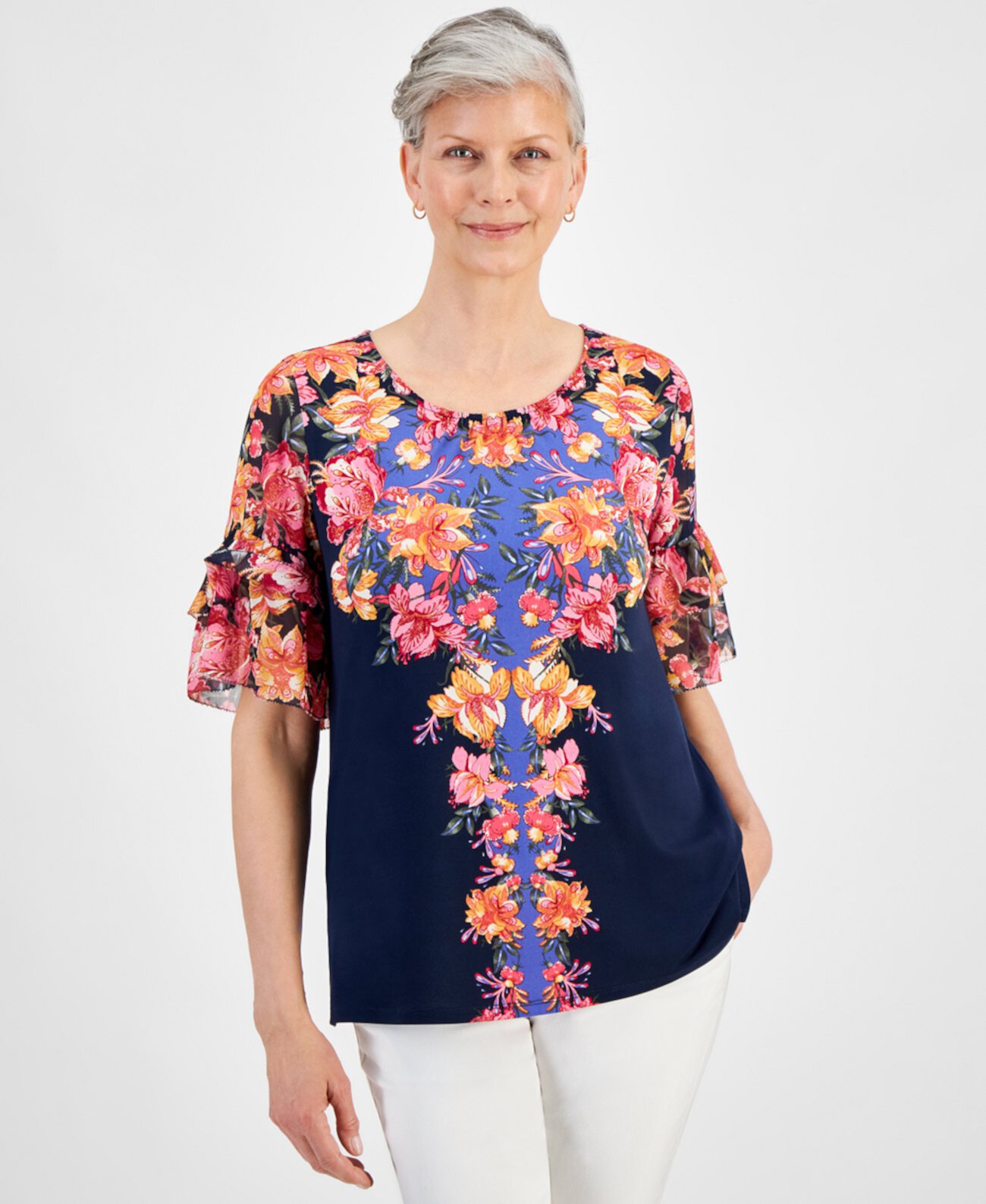 Women's Short-Sleeve Printed Ruffled-Cuff Top, Created for Macy's J&M Collection