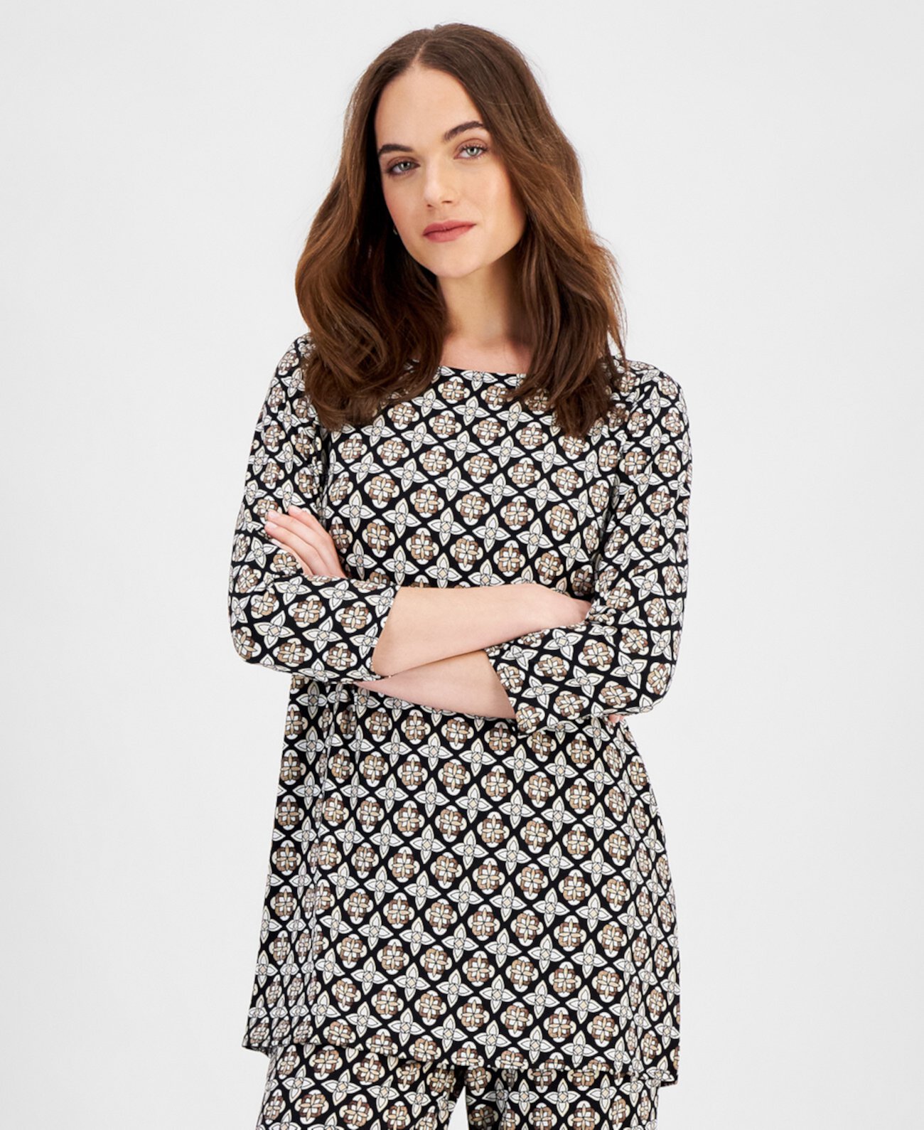 Women's Boatneck Printed 3/4-Sleeve Top, Created for Macy's J&M Collection