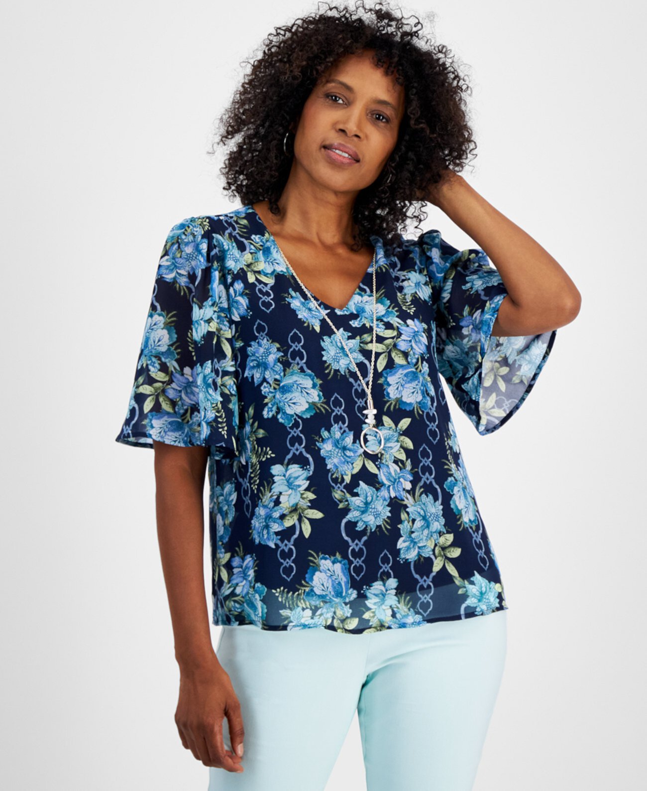 Women's Printed Elbow-Sleeve Necklace Top, Created for Macy's J&M Collection