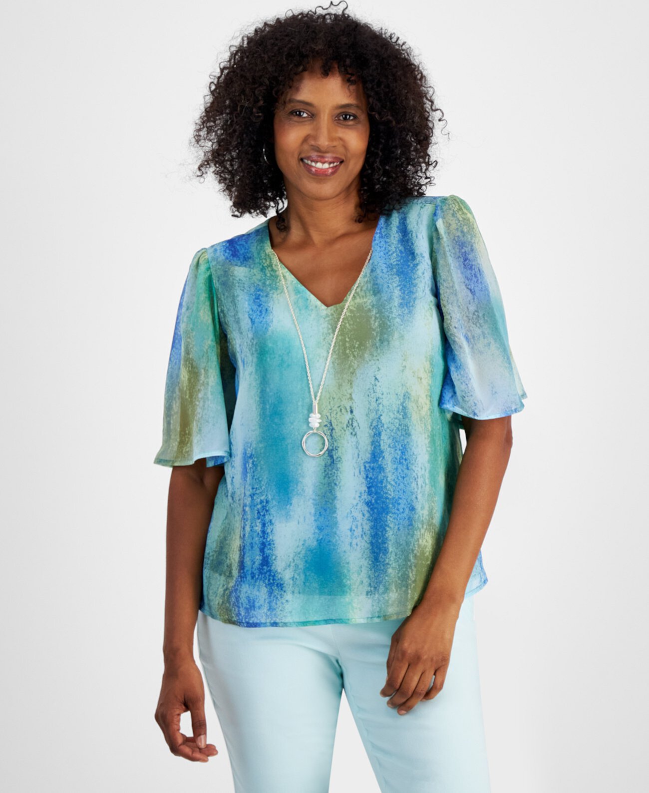 Women's Printed Elbow-Sleeve Necklace Top, Created for Macy's J&M Collection