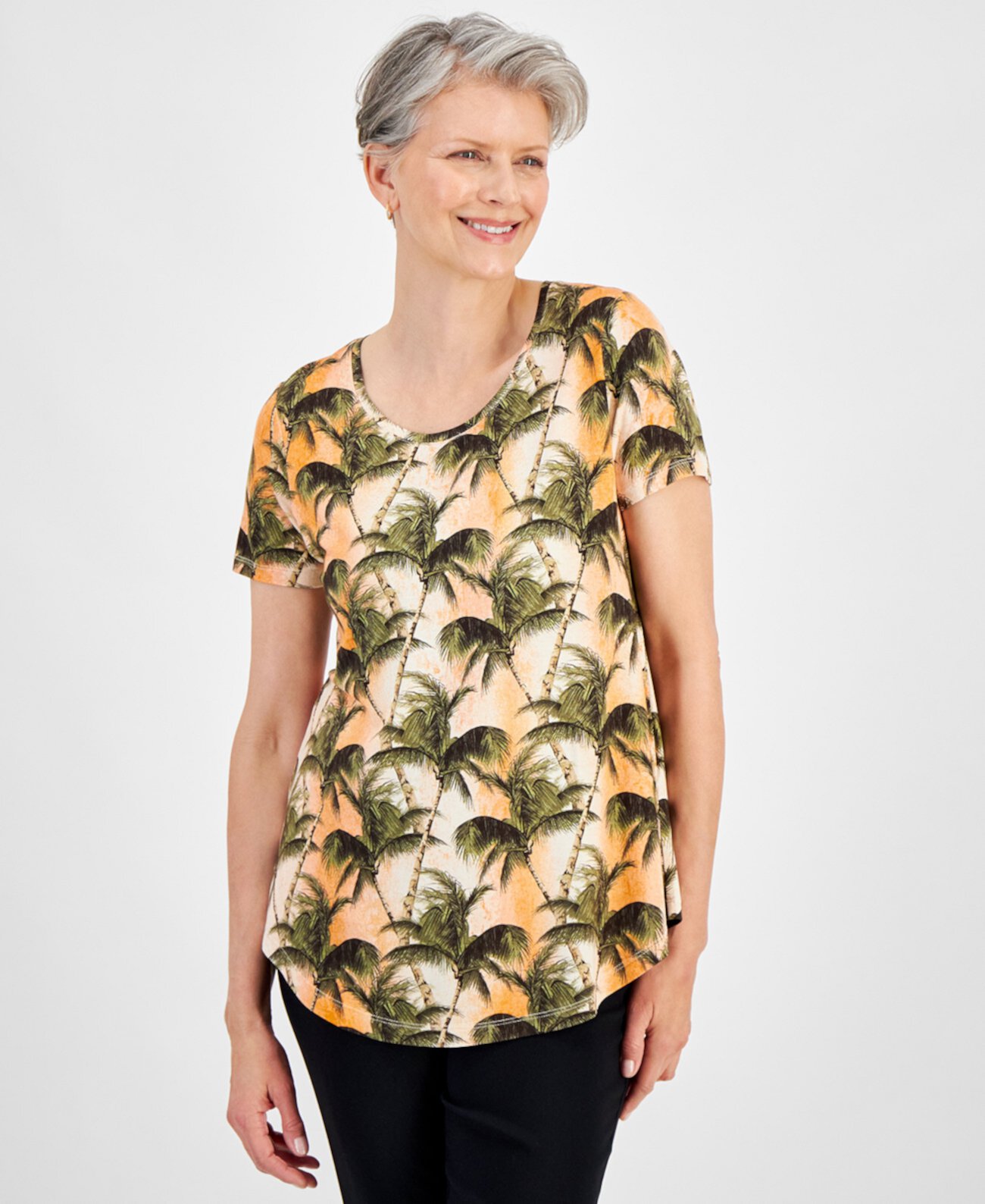 Women's Printed Scoop-Neck Short-Sleeve Top, Created for Macy's J&M Collection