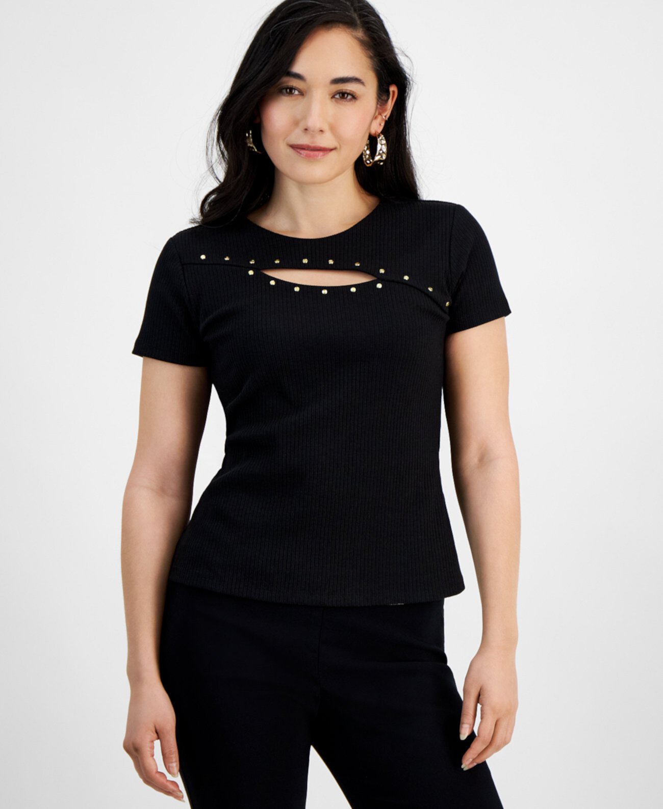 Petite Ribbed Cutout Studded Top, Created for Macy's I.N.C. International Concepts