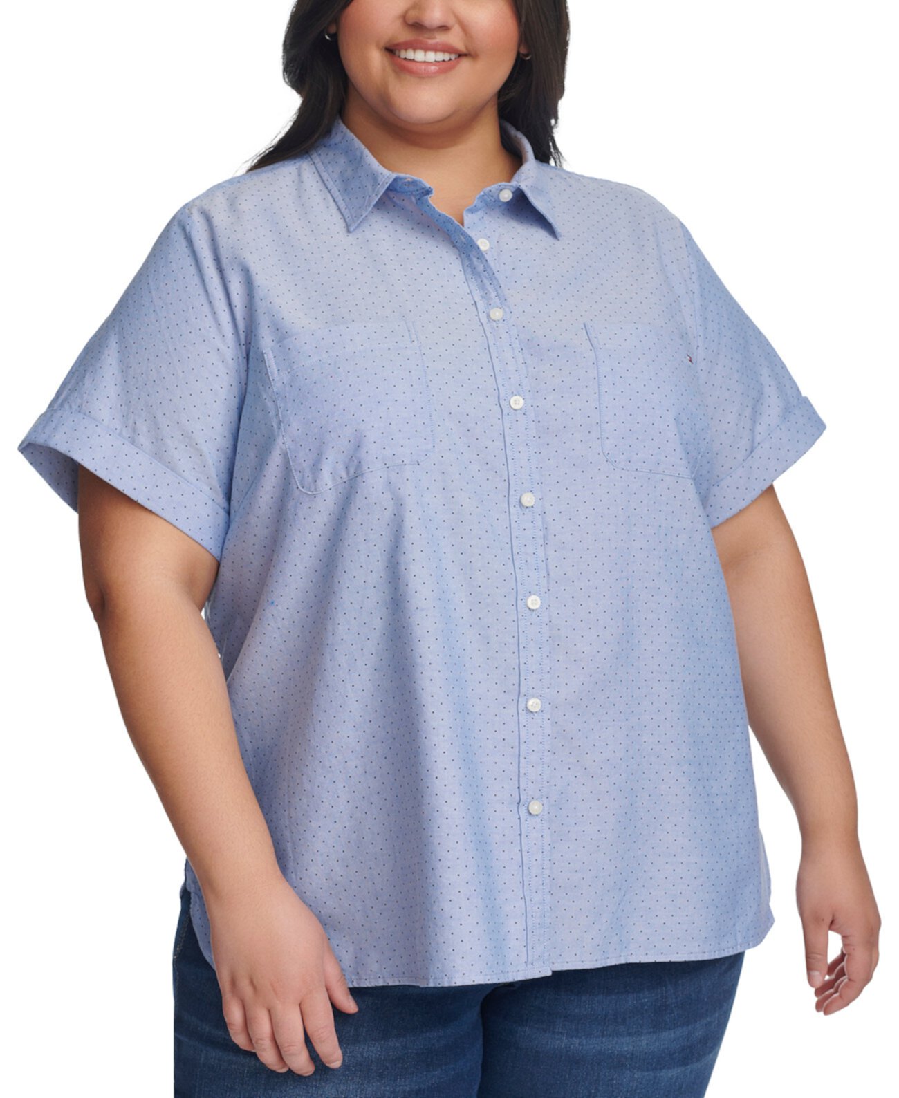 Plus Size Cotton Pin-Dot Camp Shirt Tommy Hilfiger