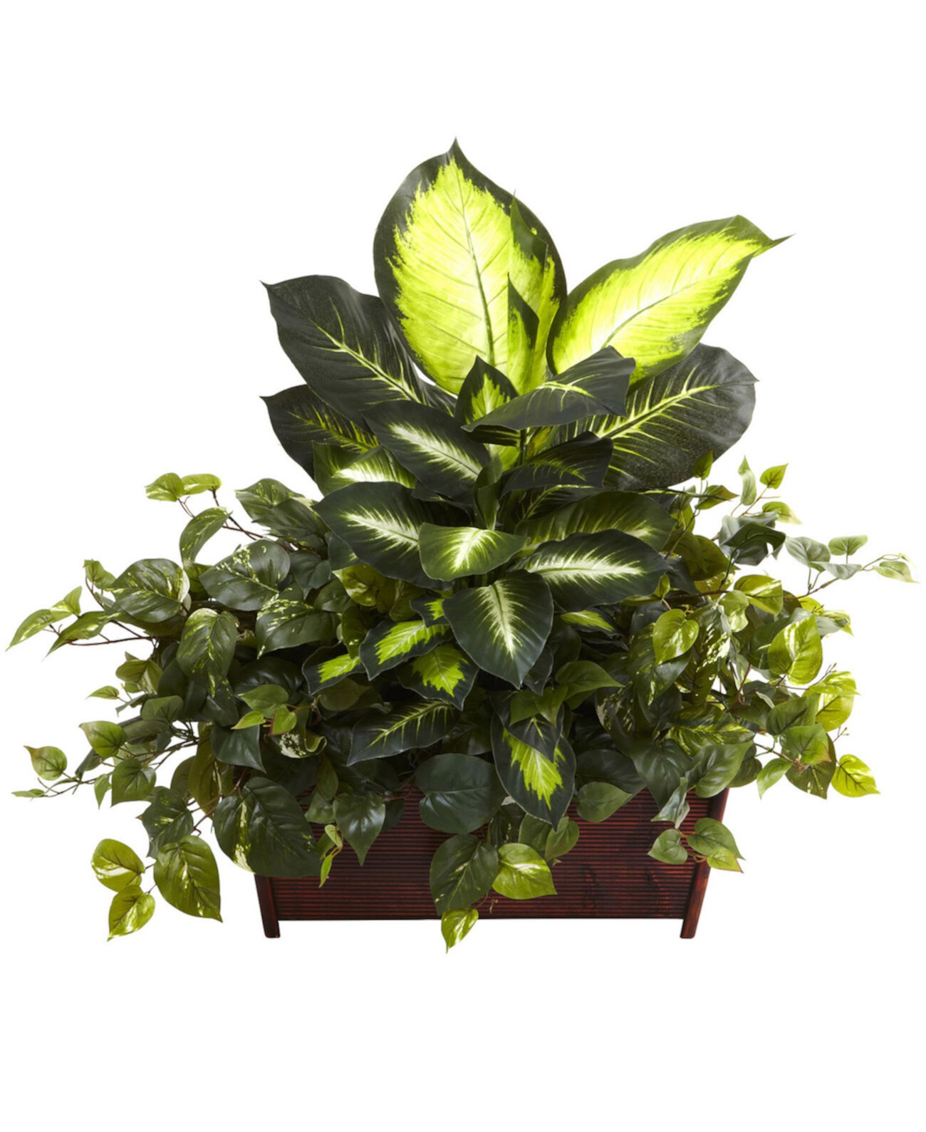 Golden Dieffenbachia, Philo and Pothos w/ Wood Planter NEARLY NATURAL