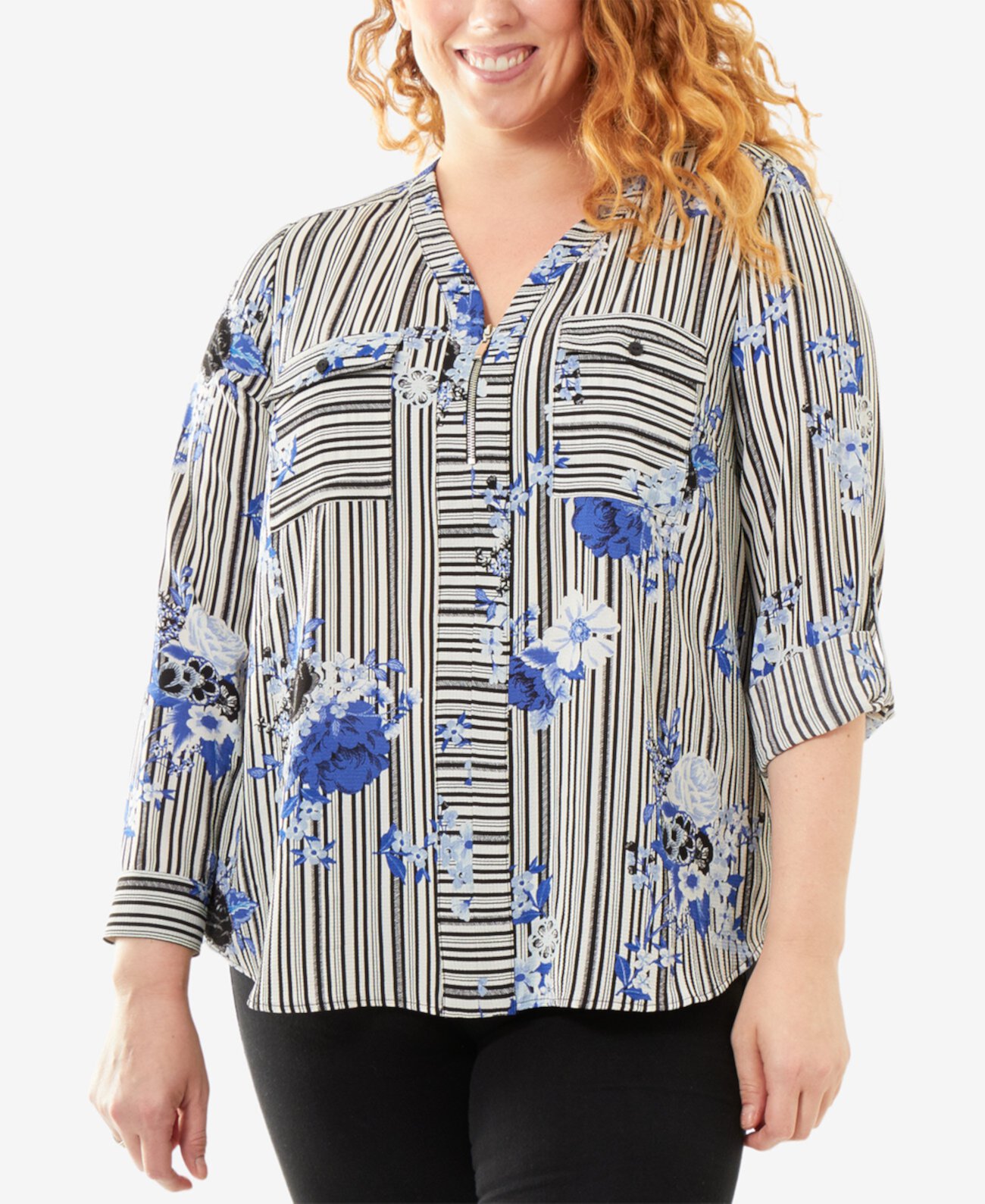 Женская Блузка NY Collection Plus Size Half-Zip Striped Shirt NY Collection