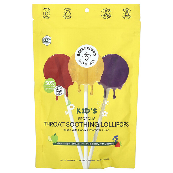 Kids Propolis Throat Soothing Lollipops, Green Apple, Strawberry + Mixed Berry with Elderberry, 15 Lollipops Beekeeper's Naturals