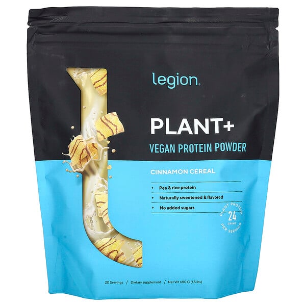 Plant+, Vegan Protein Powder, Cinnamon Cereal, 1.5 lbs (680 g) Legion Athletics