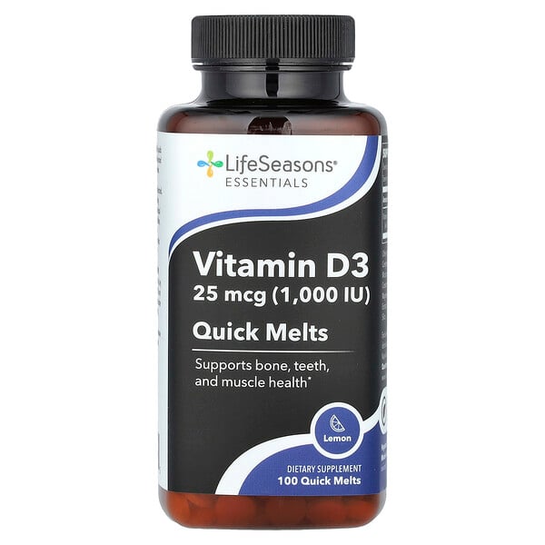 Essentials, Vitamin D3, Lemon, 25 mcg (1,000 IU), 100 Quick Melts LifeSeasons