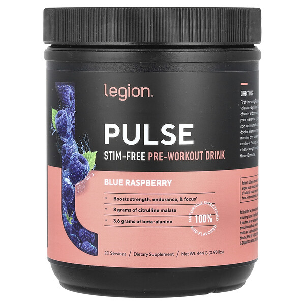 Pulse, Stim-Free Pre-Workout Drink, Blue Raspberry, 0.98 lbs (444 g) Legion Athletics