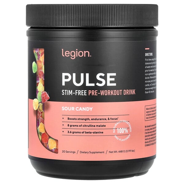 Pulse, Stim-Free Pre-Workout Drink, Sour Candy, 0.99 lbs (448 g) Legion Athletics