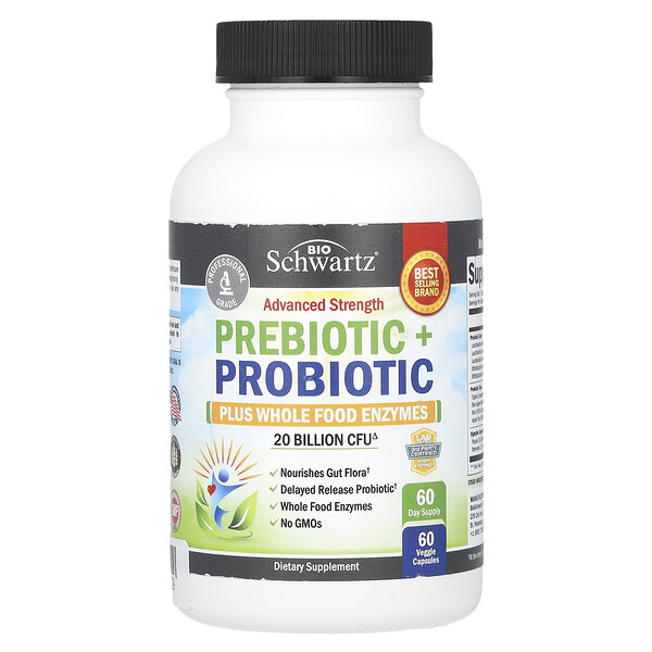 Advanced Strength Prebiotic + Probiotic Plus Whole Food Enzymes, 20 Billion CFU, 60 Veggie Capsules BioSchwartz