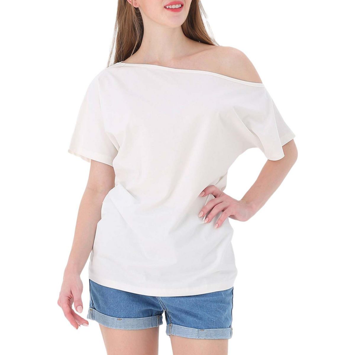 Women's Solid Cotton Stretchy Off Shoulder Casual T-shirt Blouse Anna-Kaci