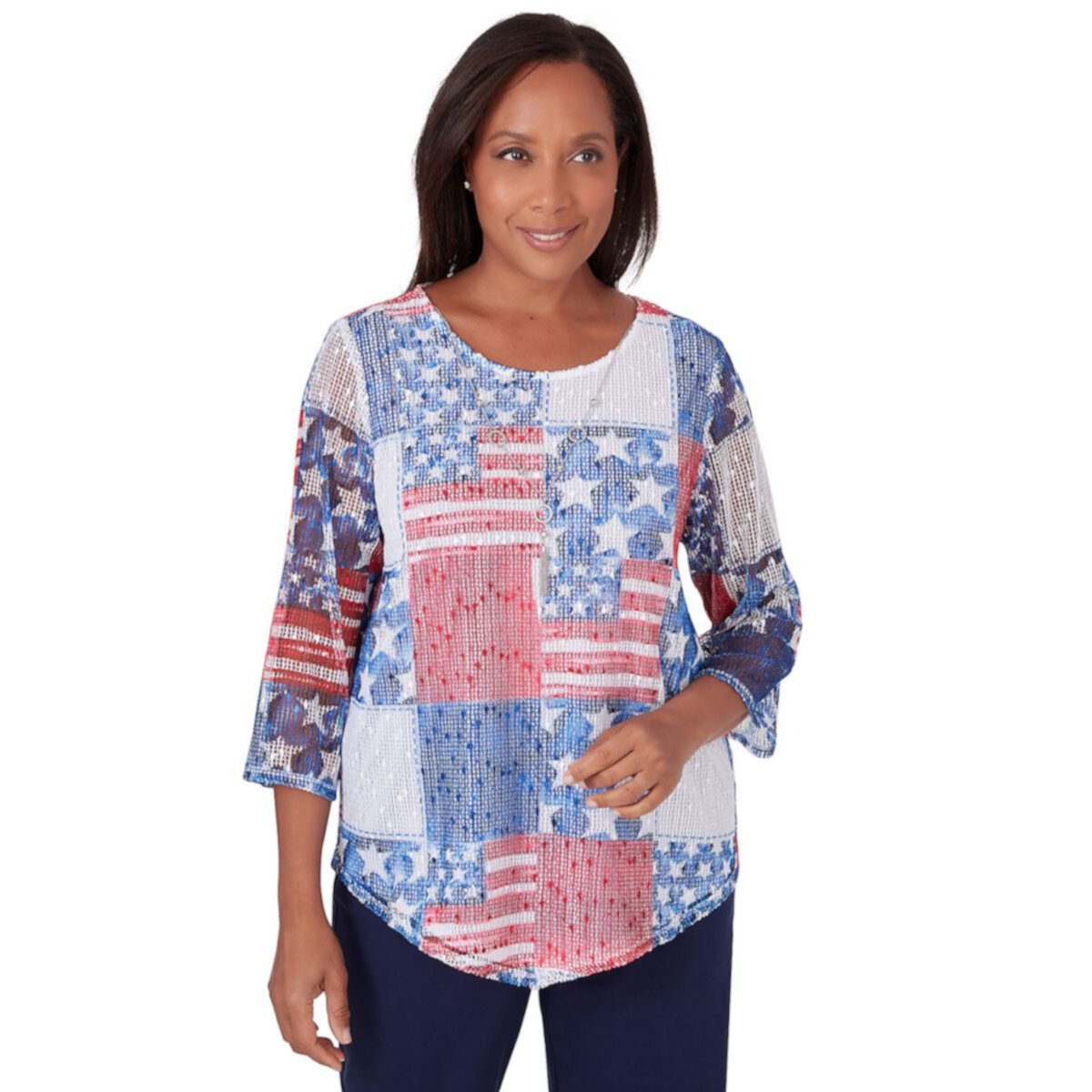 Petite Alfred Dunner Patchwork American Flag Mesh Top With Necklace Alfred Dunner