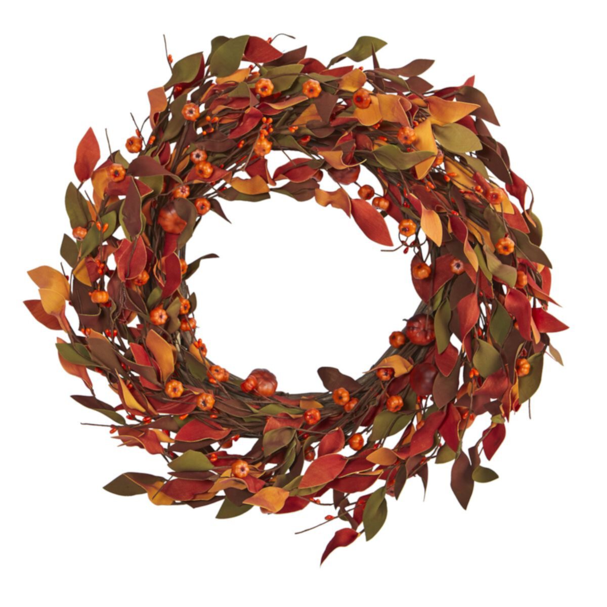 nearly natural 20&#34; Artificial Harvest Leaf and Mini Pumpkin Wreath NEARLY NATURAL
