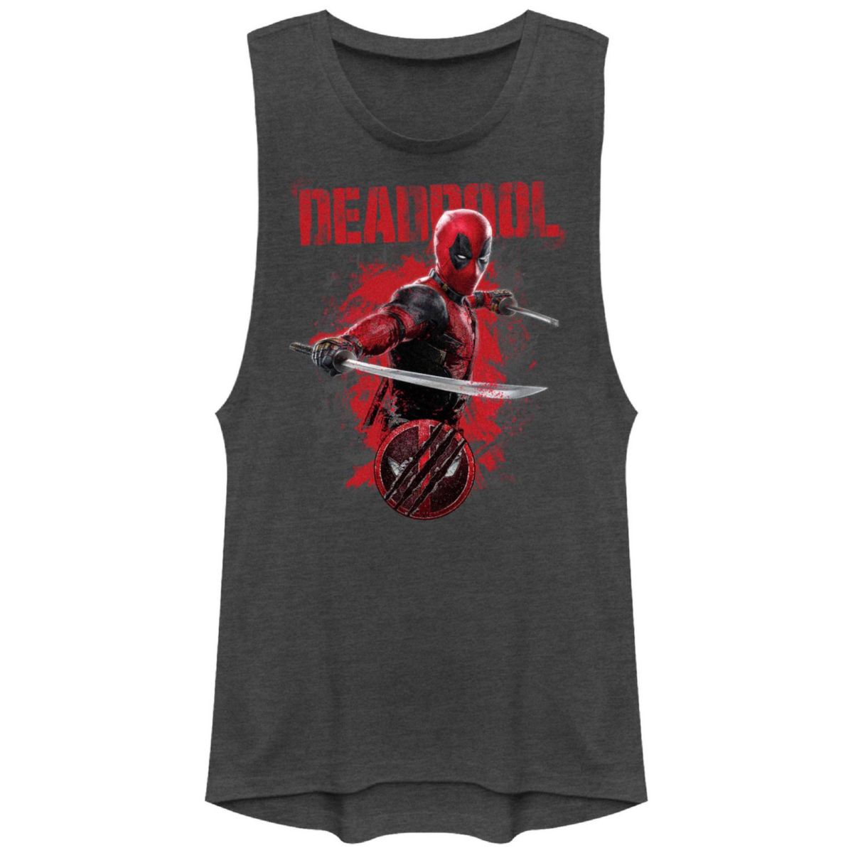 Juniors' Marvel Deadpool And Wolverine Katanas Paint Dump Graphic Muscle Tank Top Marvel