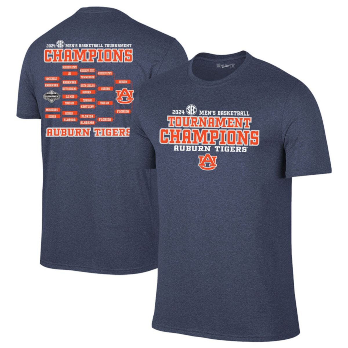 Men's Original Retro Brand Heather Navy Auburn Tigers 2024 SEC Men's Basketball Conference Tournament Champions Bracket T-Shirt Original Retro Brand