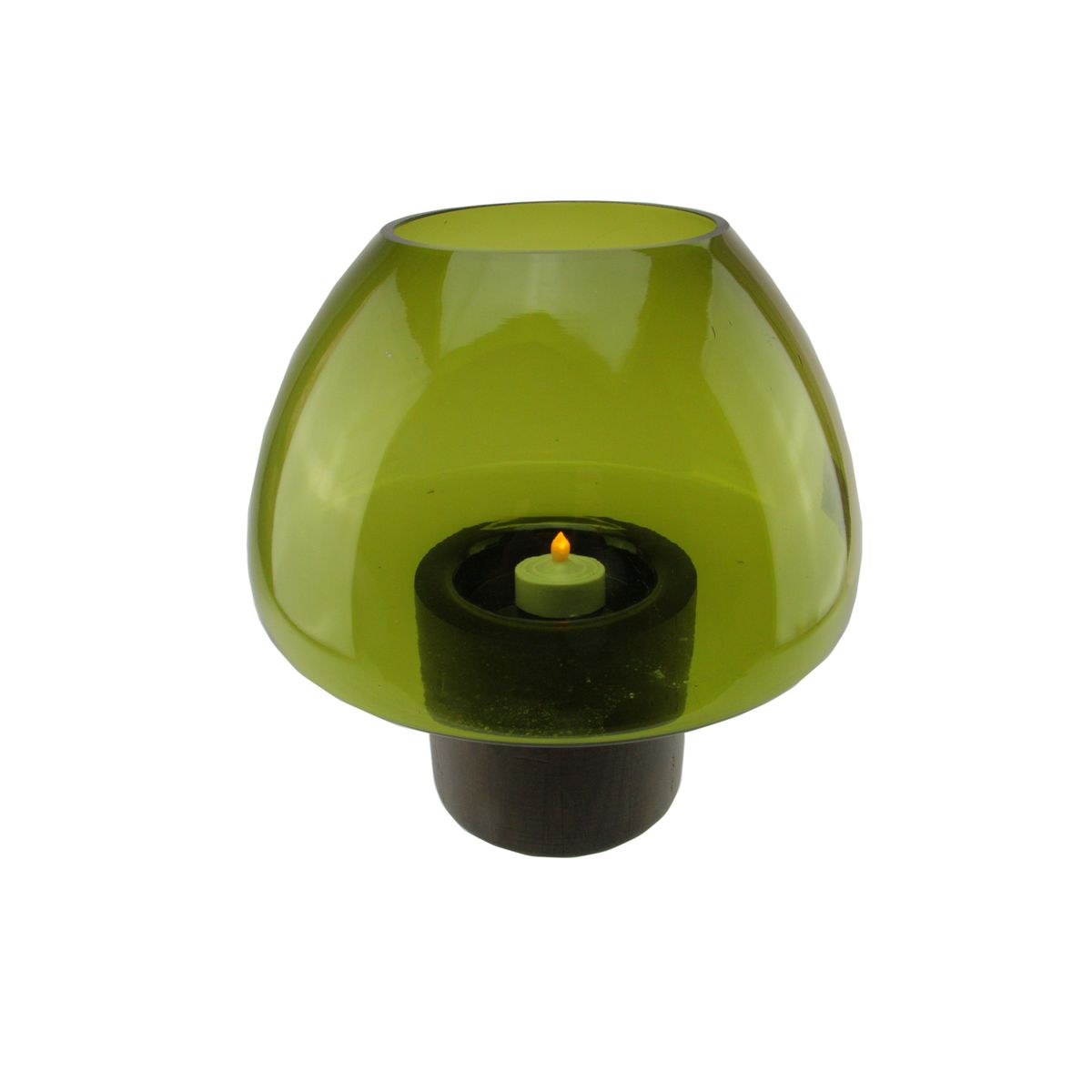 9.75&#34; Transparent Olive Green Glass Candle Holder with Wooden Base Christmas Central