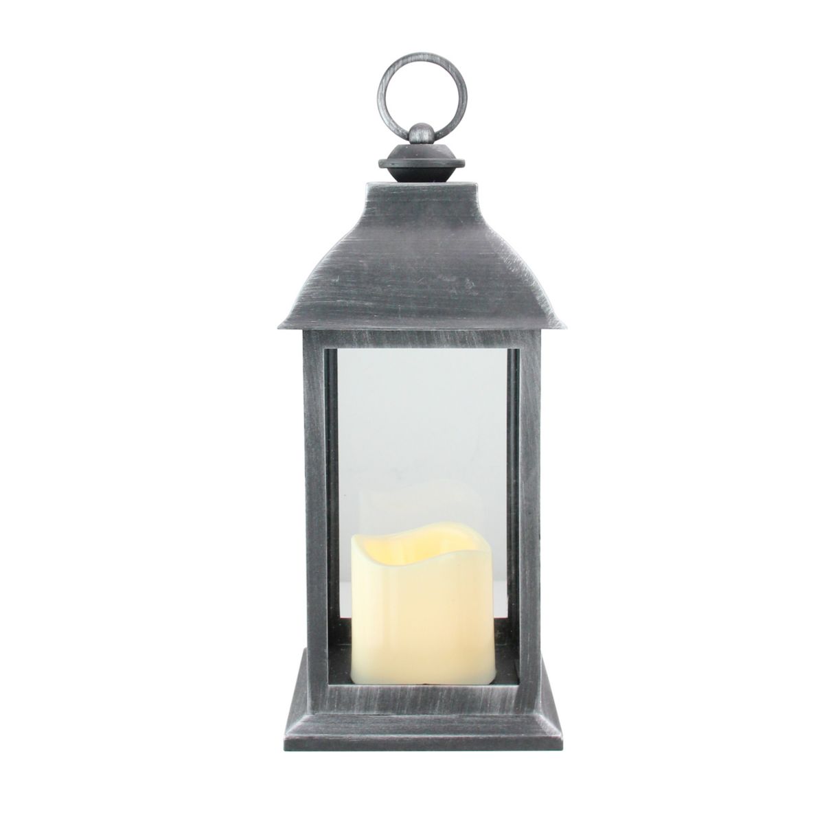 12.5&#34; Silver Brushed Black Candle Lantern with Flameless LED Candle Christmas Central