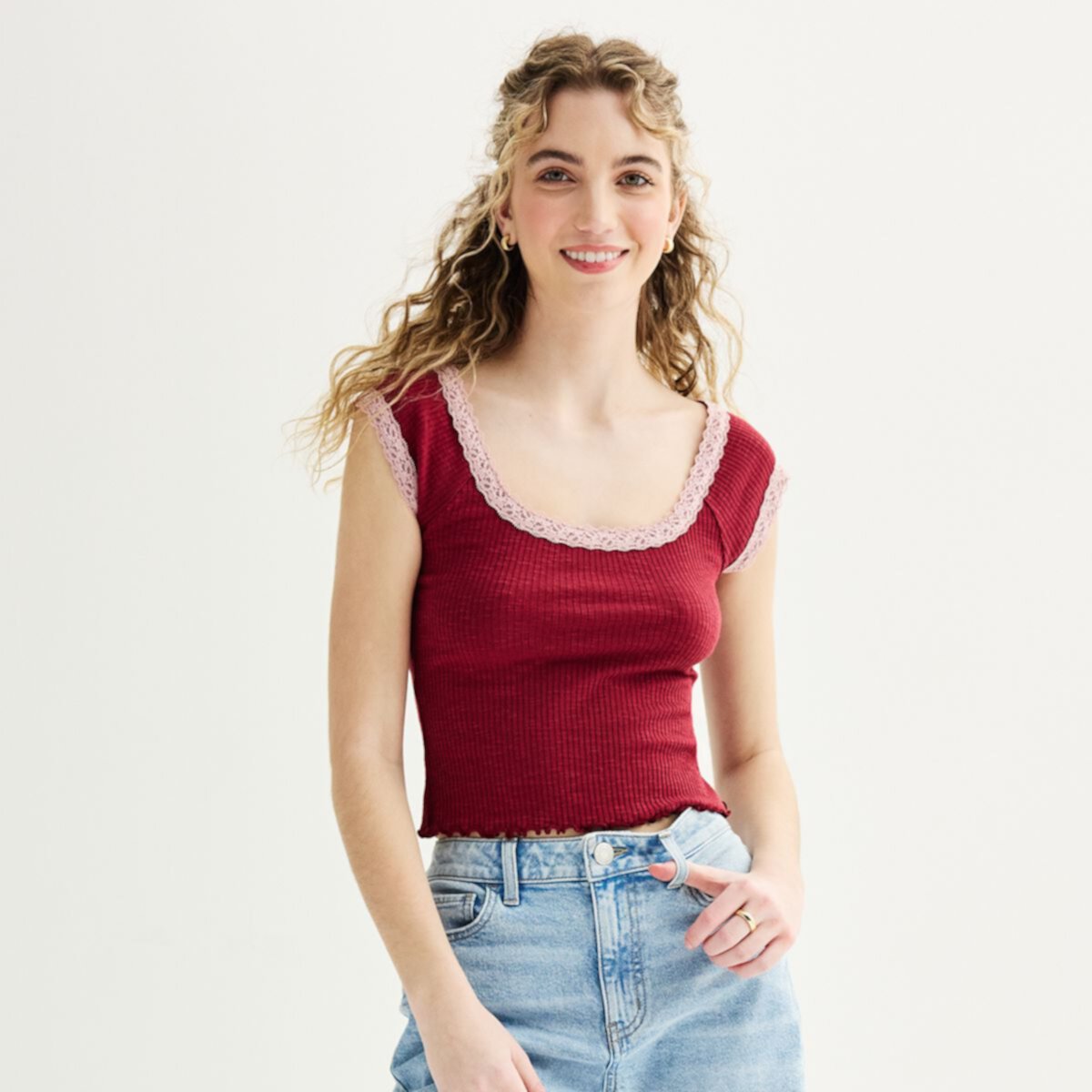 Juniors' Sugar Moon Nya Lace Trim Tee Sugar Moon