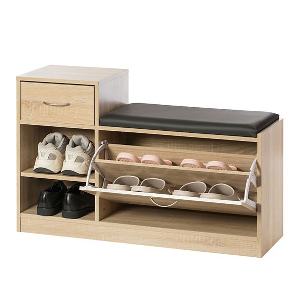 Wooden Entryway Shoe Storage Bench With Cushion Basicwise