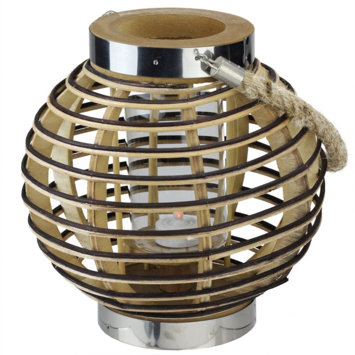 9.5&#34; Rustic Chic Round Rattan Decorative Candle Holder Lantern with Jute Handle Christmas Central
