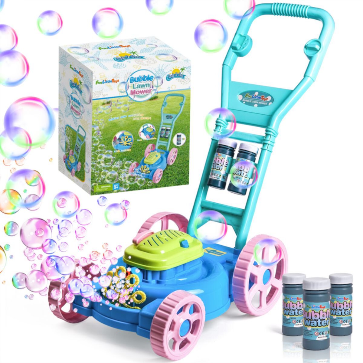 Bubble Lawn Mower With 3 Bubble Solution Bottles For Kids Popfun