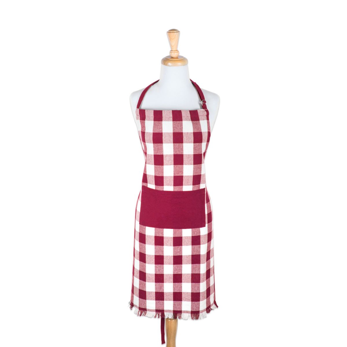32&#34; Wine Red and White Checkered Adjustable Heavyweight Fringe Chef Apron with Pocket CC Home Furnishings