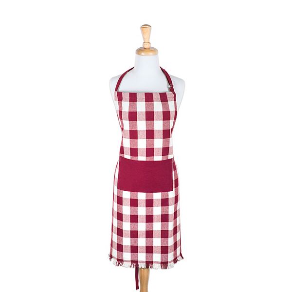 32&#34; Wine Red and White Checkered Adjustable Heavyweight Fringe Chef Apron with Pocket CC Home Furnishings