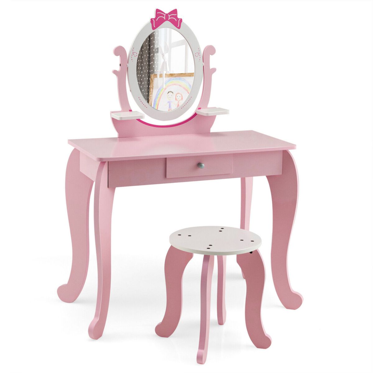 Kid Vanity Table Stool Set with Oval Rotatable Mirror-Pink Slickblue