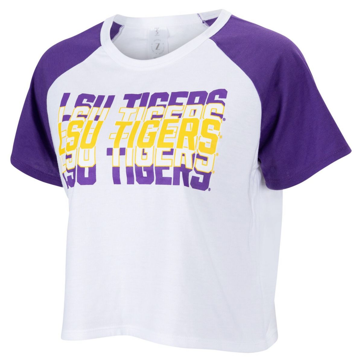 Women's ZooZatz White LSU Tigers Colorblock Repeat Raglan Cropped T-Shirt ZooZatz