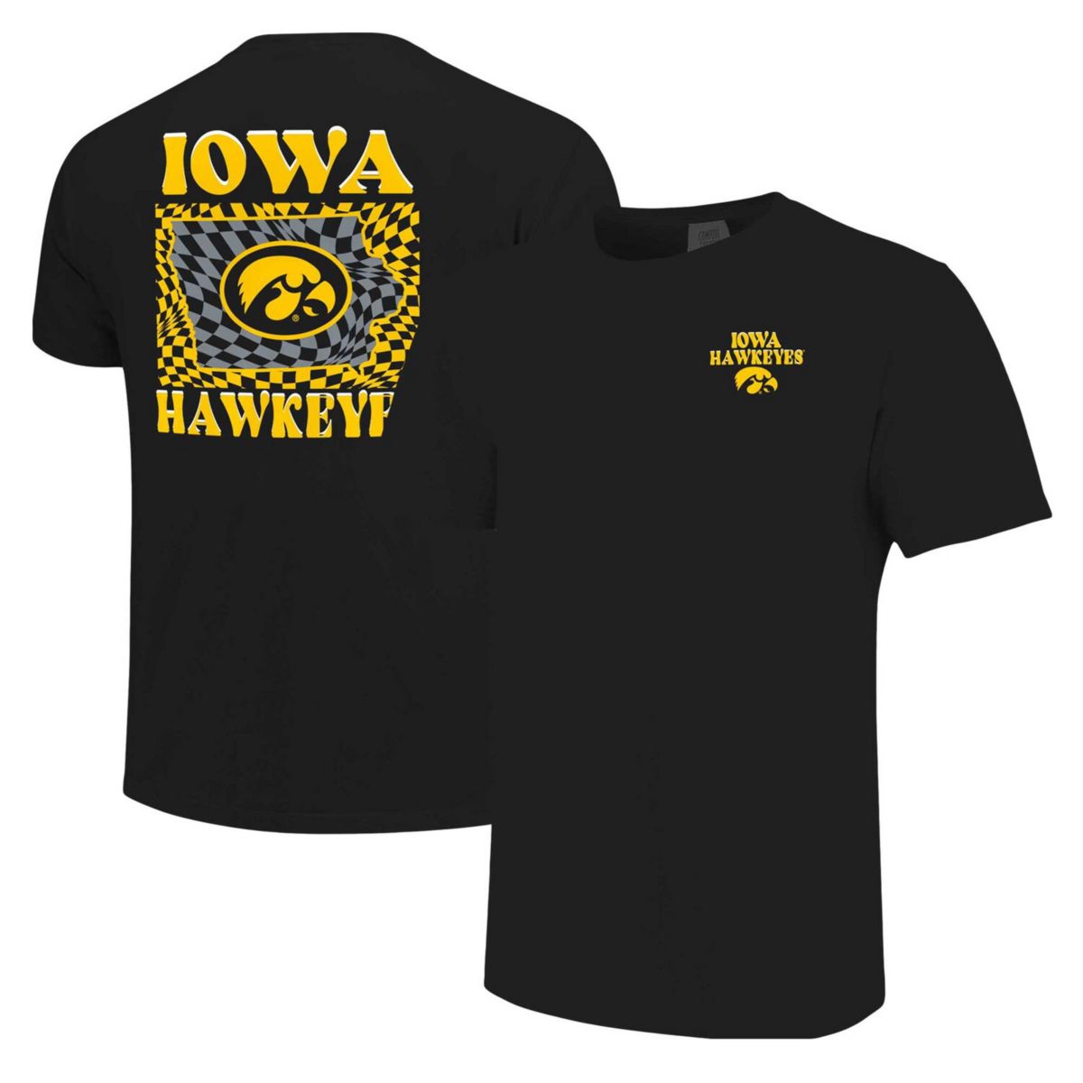 Women's Black Iowa Hawkeyes Comfort Colors Checkered Mascot T-Shirt Image One