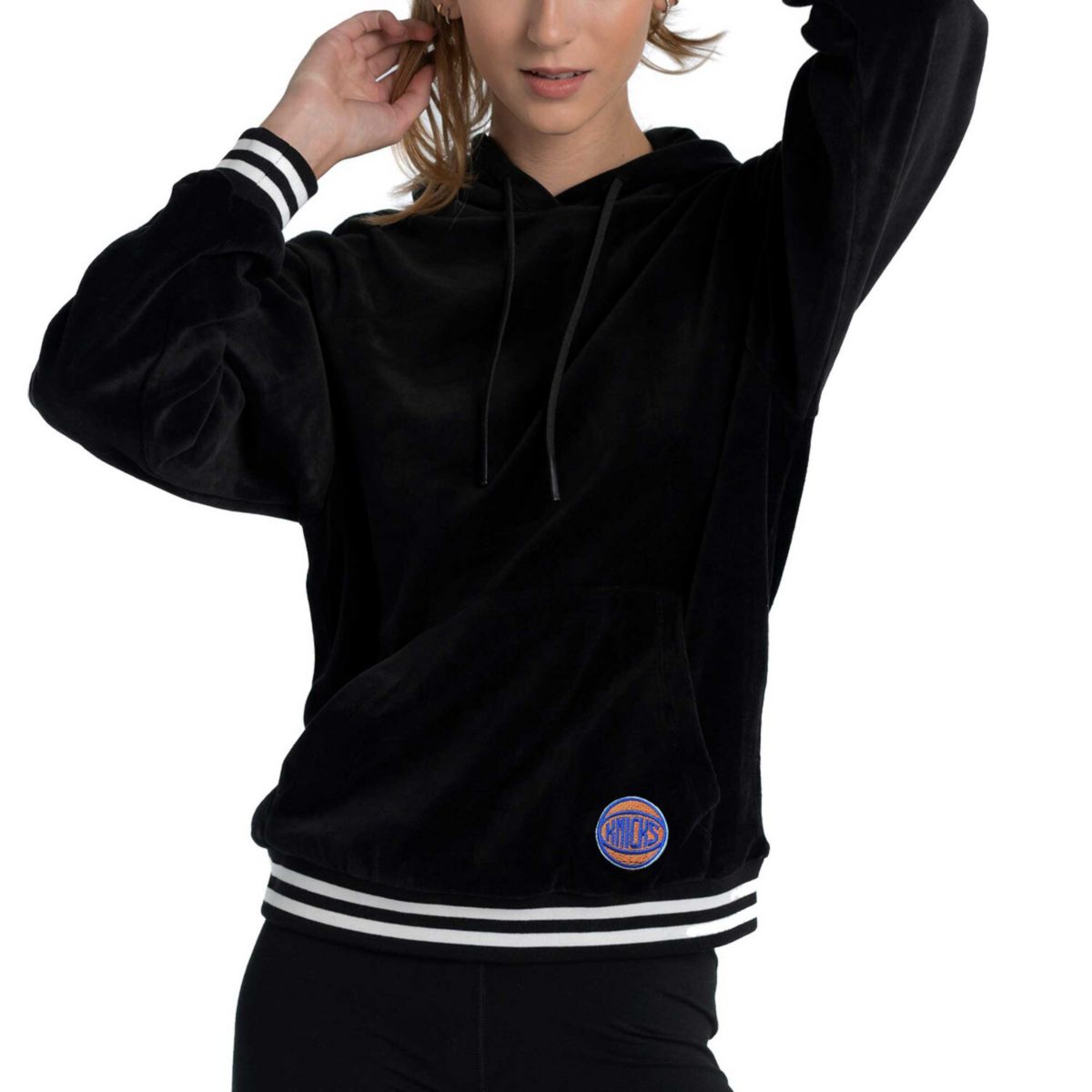 Women's Lusso Black New York Knicks Nellie Oversized Velour Pullover Hoodie Lusso