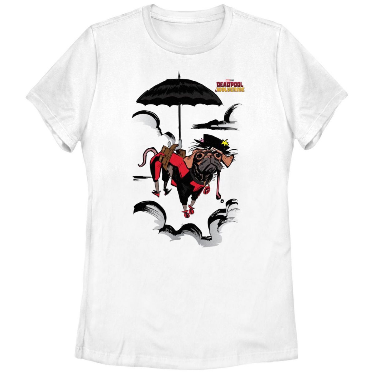 Juniors' Marvel Deadpool and Wolverine Dogpool Mary Poppins Clouds Graphic Tee Marvel