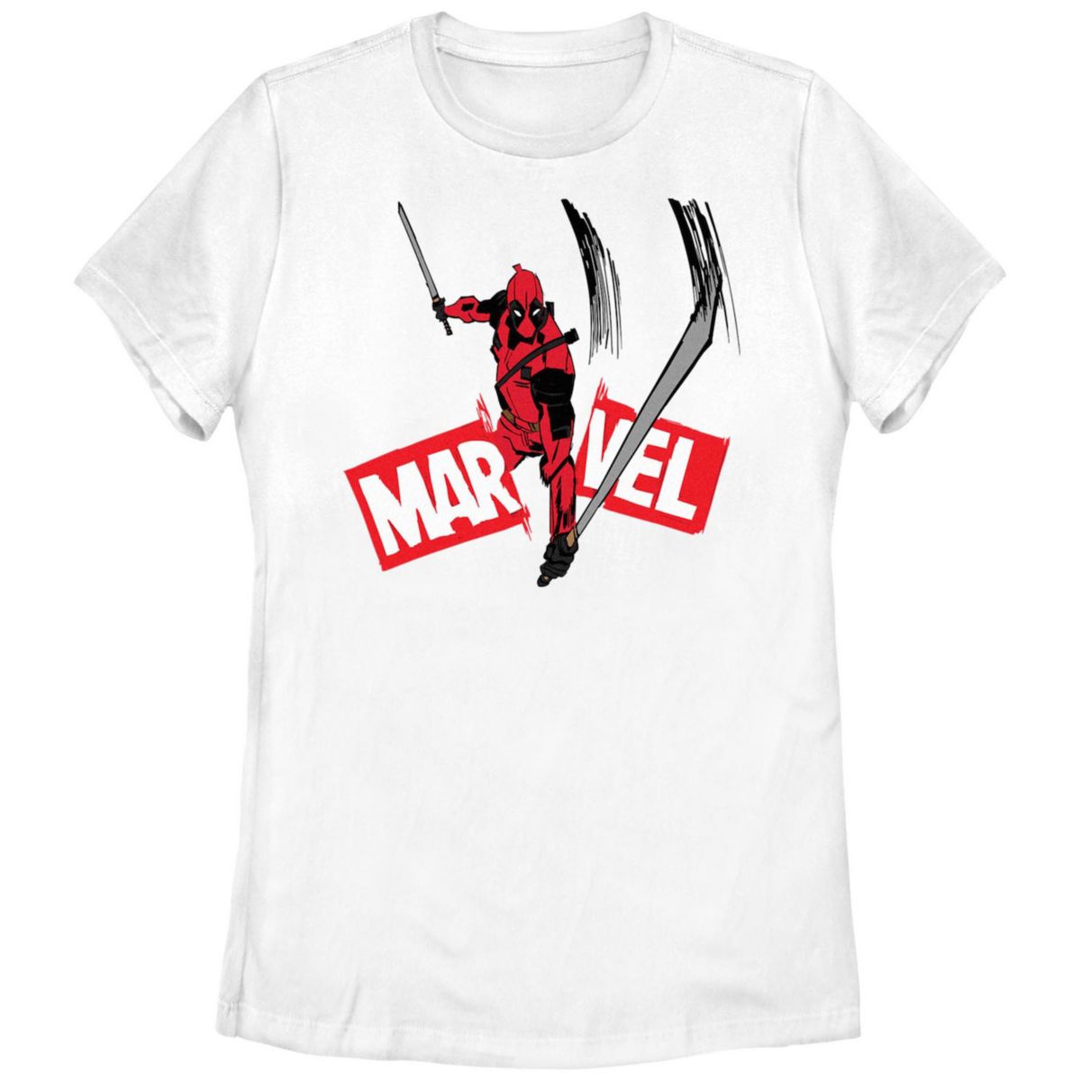 Juniors' Marvel Deadpool and Wolverine Logo Slash Graphic Tee Marvel