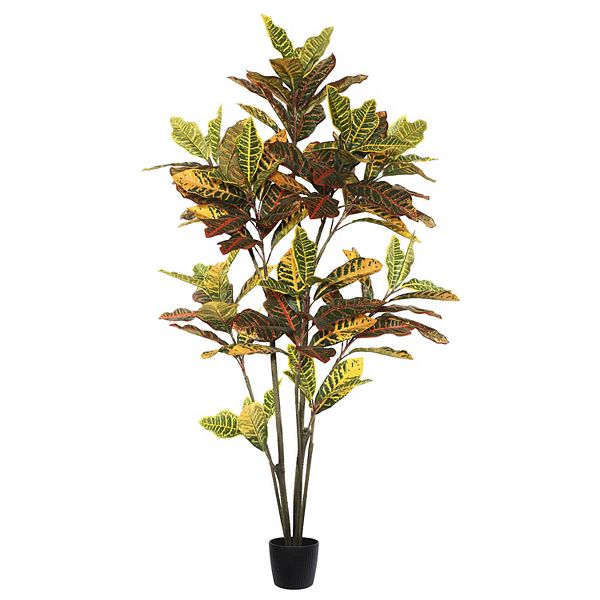 Vickerman Potted Artificial Green and Orange Croton Tree Floor Decor Vickerman