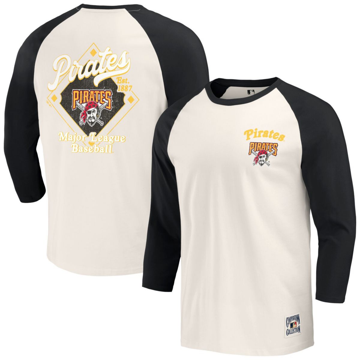 Men's Darius Rucker Collection by Fanatics Black/White Pittsburgh Pirates Cooperstown Collection Raglan 3/4-Sleeve T-Shirt Darius Rucker Collection by Fanatics