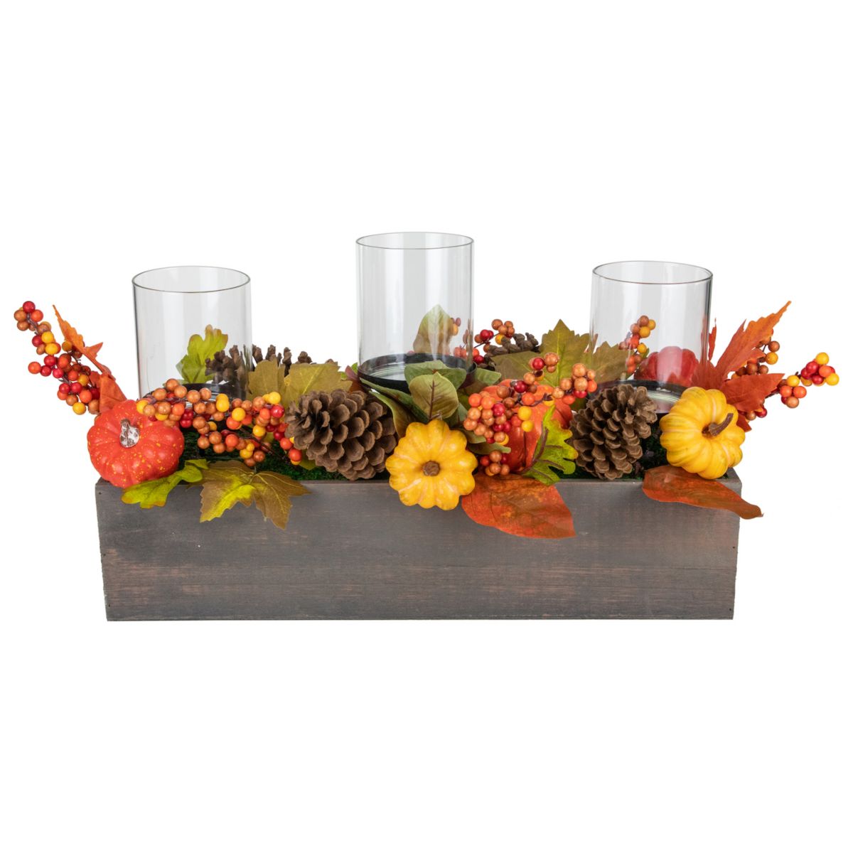 27&#34; Pumpkin  Berry and Pine Cone Fall Harvest Triple Pillar Candle Holder Christmas Central